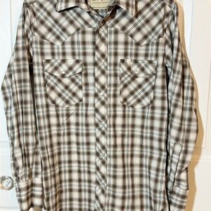 Wrangler Men's Casual Plaid Small Shirt Brown and Cream w/pearl snaps EUC CM